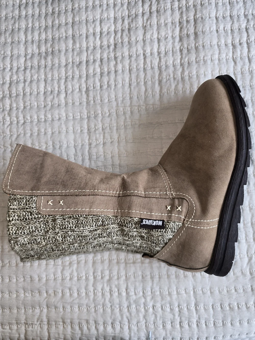 Muk Luks Taupe Suede Mid-Calf Boots with Knit Cuff